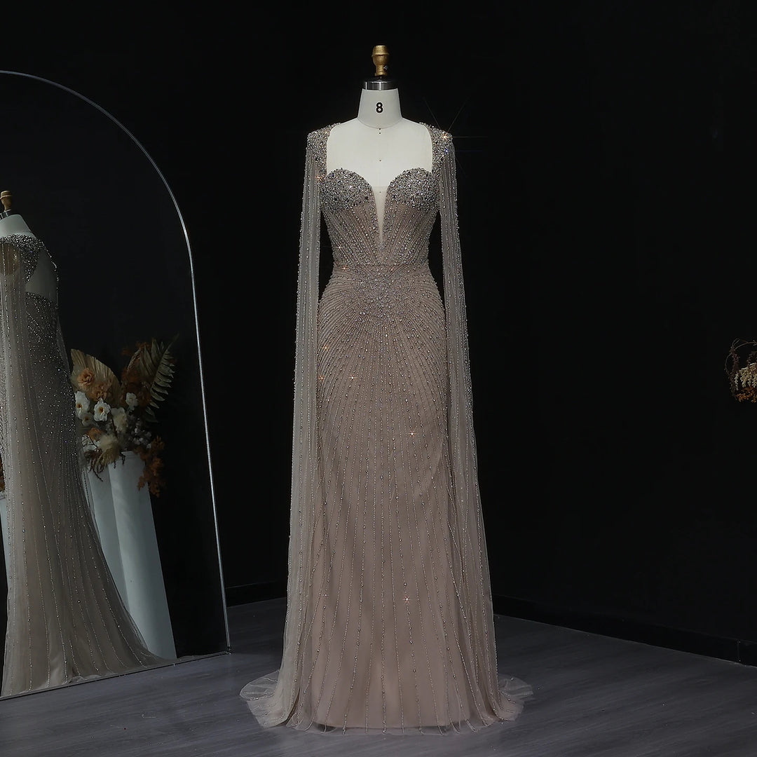 Beaded Nude Dubai Dress with Cape Sleeves Pink Arabic Gown SS194
