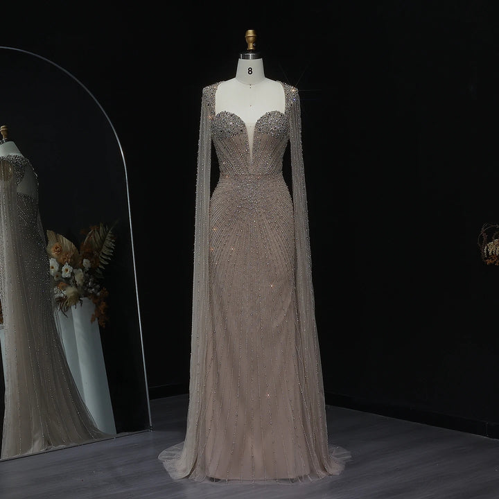 Beaded Nude Dubai Dress with Cape Sleeves Pink Arabic Gown SS194