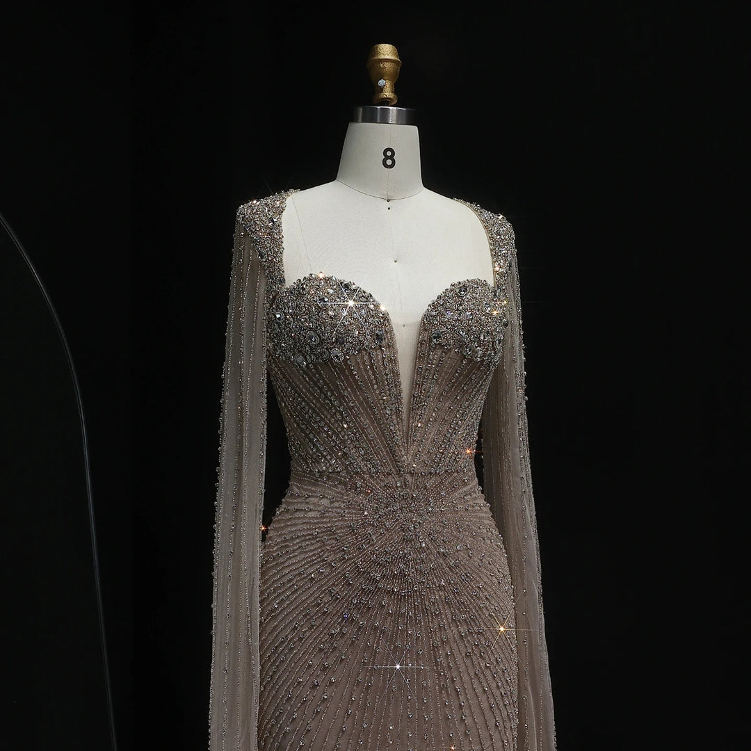 Beaded Nude Dubai Dress with Cape Sleeves Pink Arabic Gown SS194