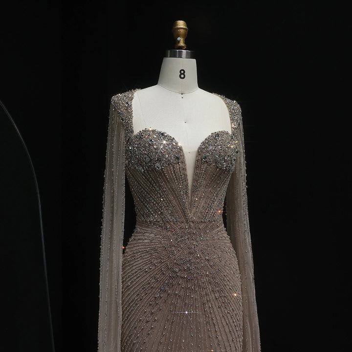 Beaded Nude Dubai Dress with Cape Sleeves Pink Arabic Gown SS194