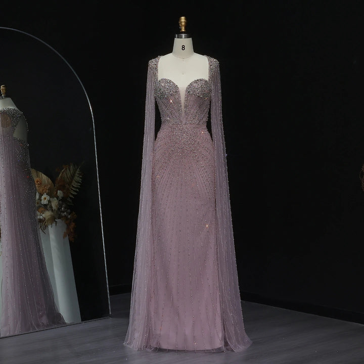 Beaded Nude Dubai Dress with Cape Sleeves Pink Arabic Gown SS194