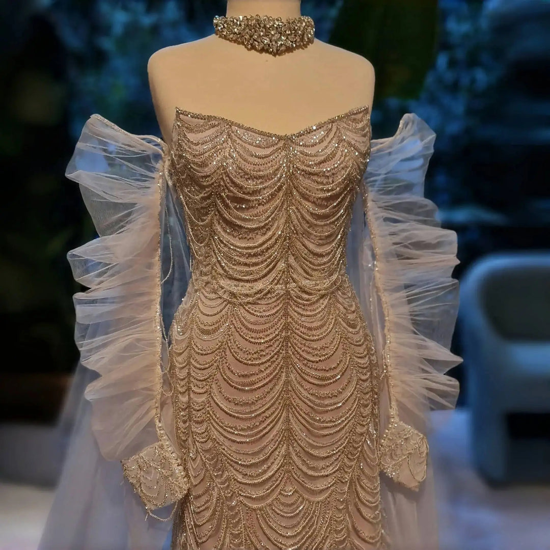 Beaded Tassel Arabic Evening Dress Wedding Gown SS535 Champagne / 14