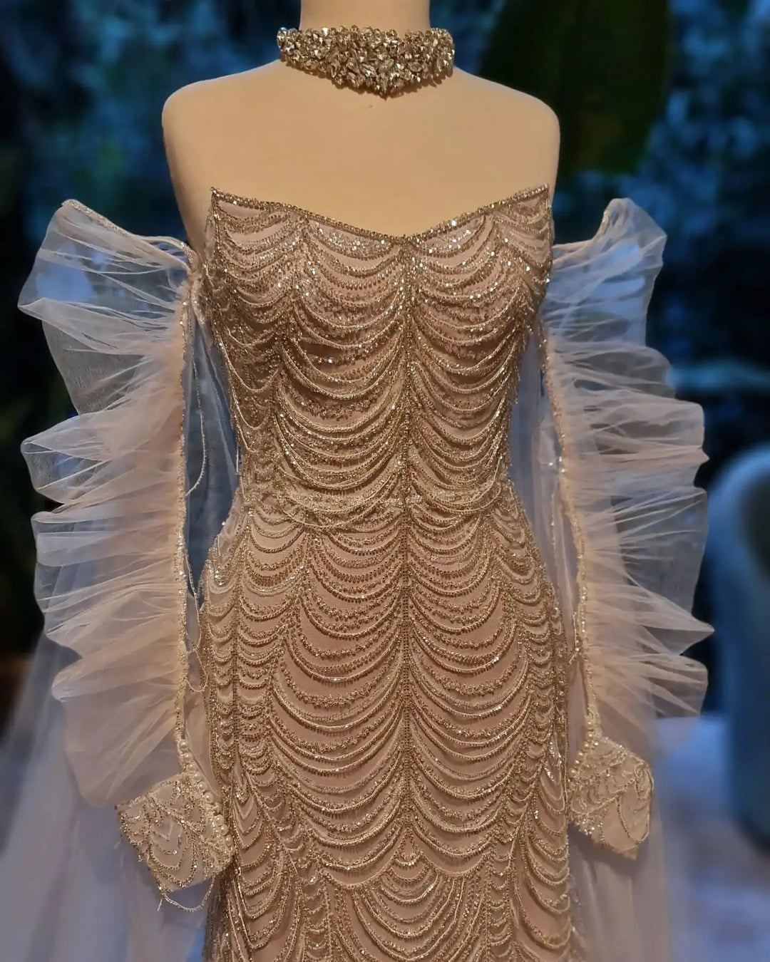 Beaded Tassel Arabic Evening Dress Wedding Gown SS535 Champagne / 14 Beaded Tassel Arabic Evening Dress Wedding Gown SS535 Champagne / 14