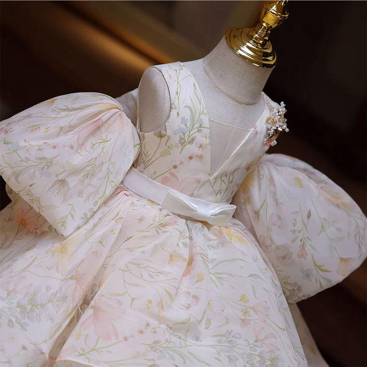 Trailing Beige Princess Flower Girl Dress Wedding Party D129