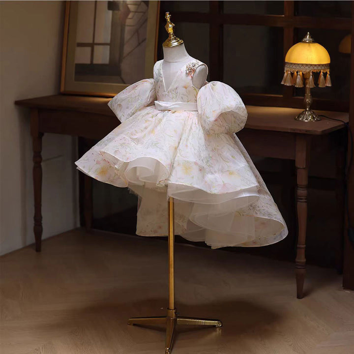 Trailing Beige Princess Flower Girl Dress Wedding Party D129