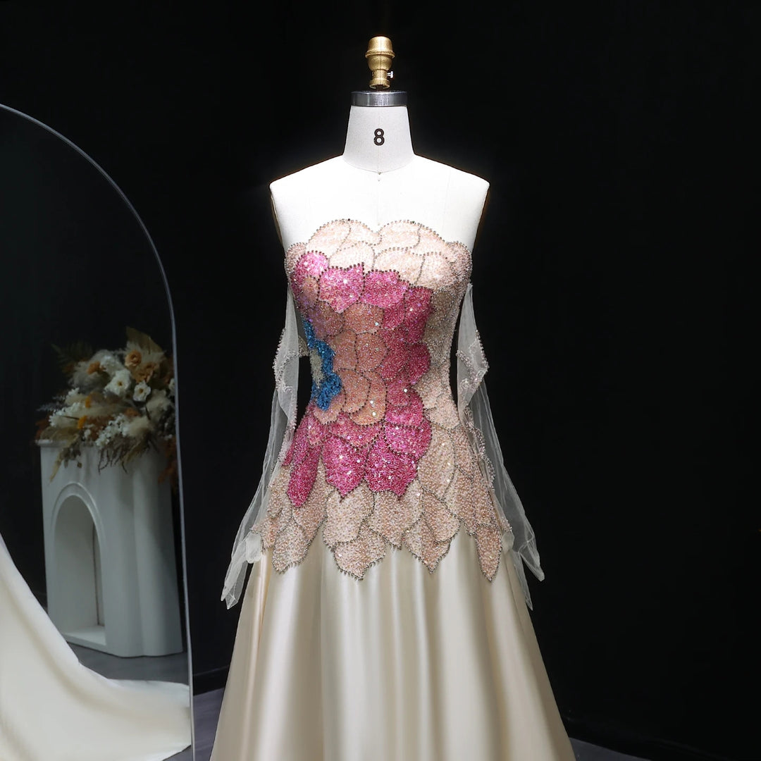 Beige Strapless Satin Evening Dress with Gloves SS513
