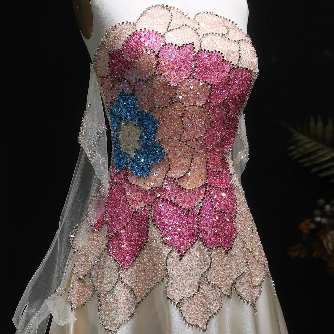 Beige Strapless Satin Evening Dress with Gloves SS513