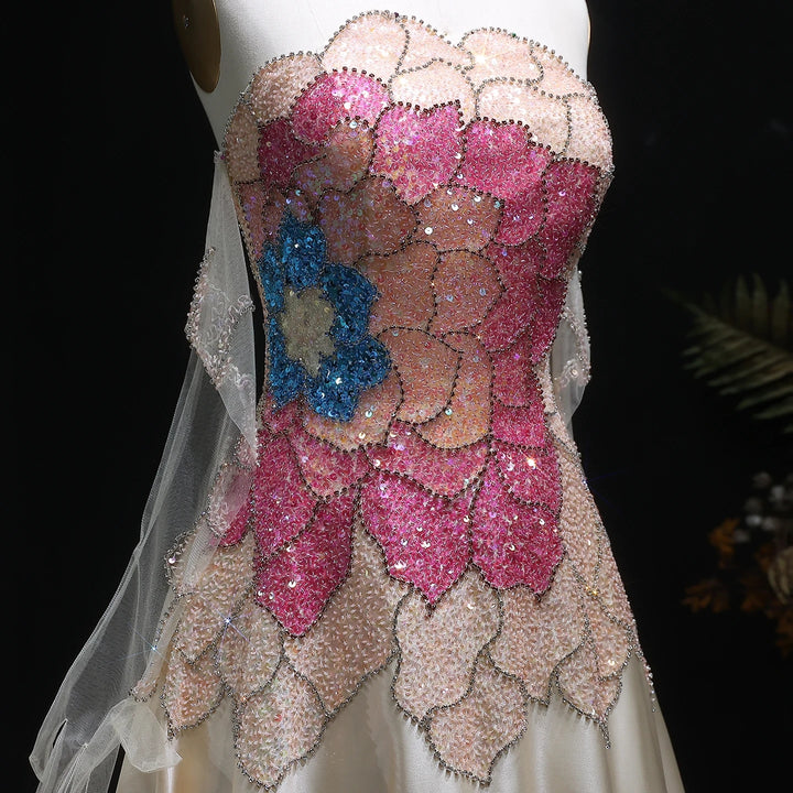 Beige Strapless Satin Evening Dress with Gloves SS513