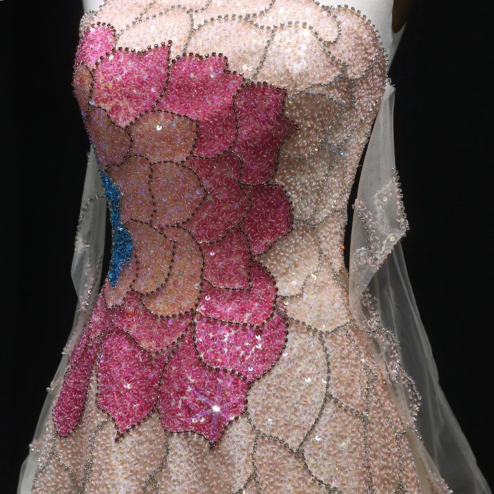 Beige Strapless Satin Evening Dress with Gloves SS513