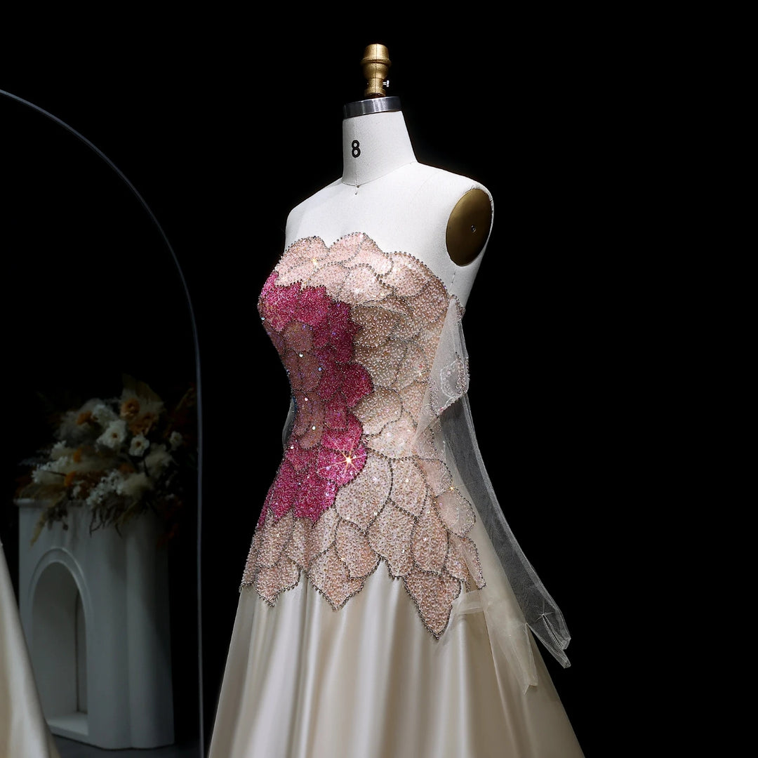 Beige Strapless Satin Evening Dress with Gloves SS513