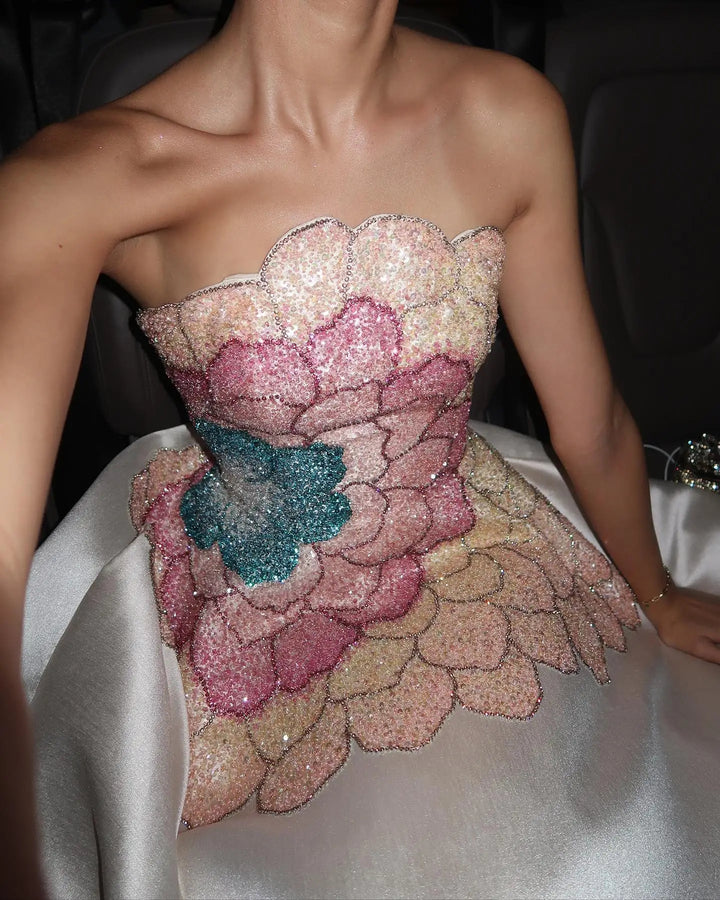 Beige Strapless Satin Evening Dress with Gloves SS513