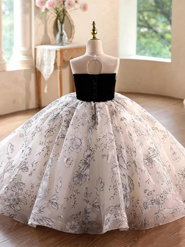Black and White Floral Pearl Trim Girls Wedding Dress D375