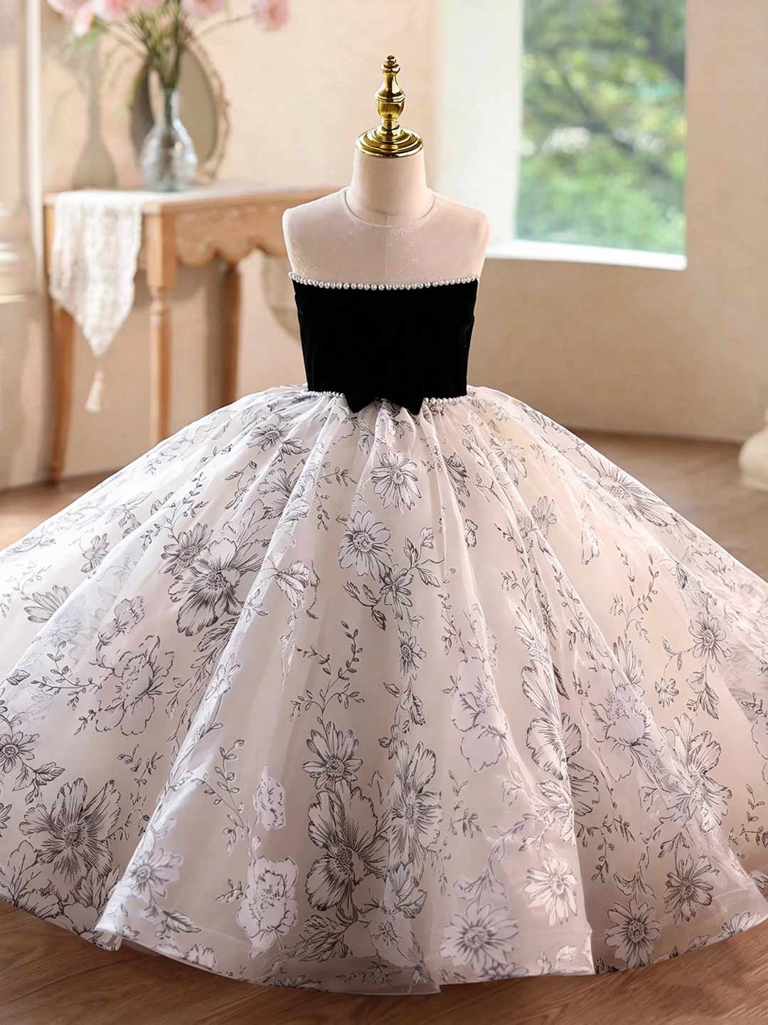 Black and White Floral Pearl Trim Girls Wedding Dress D375