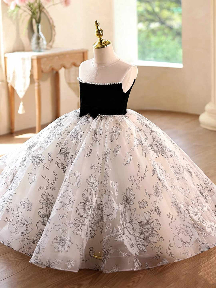 Black and White Floral Pearl Trim Girls Wedding Dress D375