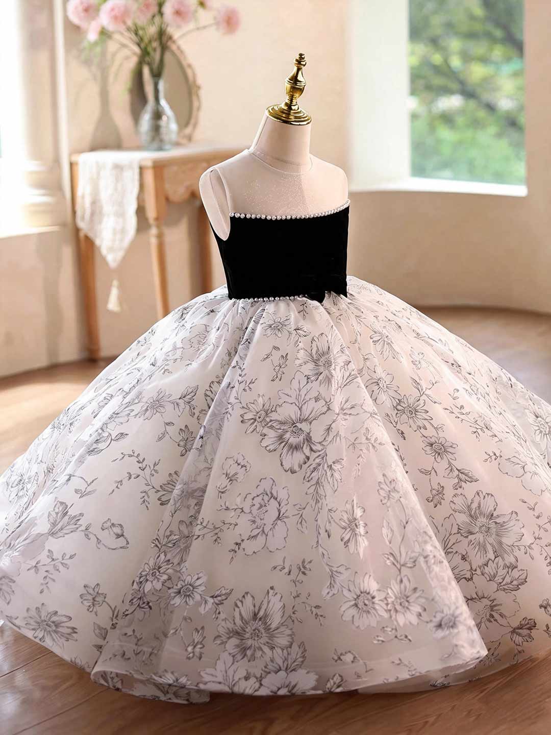 Black and White Floral Pearl Trim Girls Wedding Dress D375