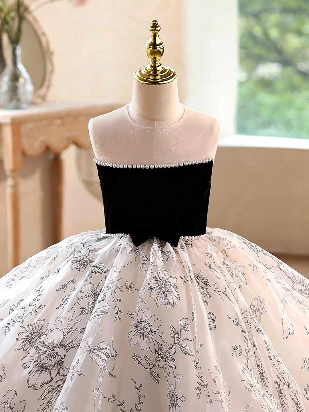 Black and White Floral Pearl Trim Girls Wedding Dress D375