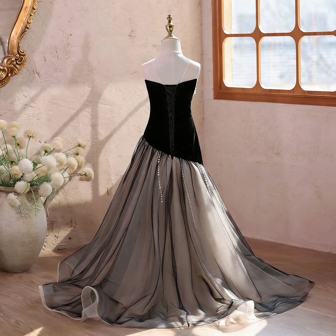 Girls' Black Evening Gown Strapless Velvet Bodice with Crystal Tulle Skirt J618
