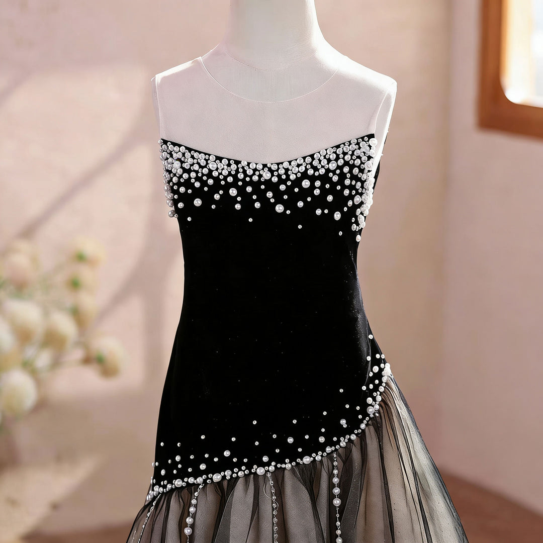 Girls' Black Evening Gown Strapless Velvet Bodice with Crystal Tulle Skirt J618