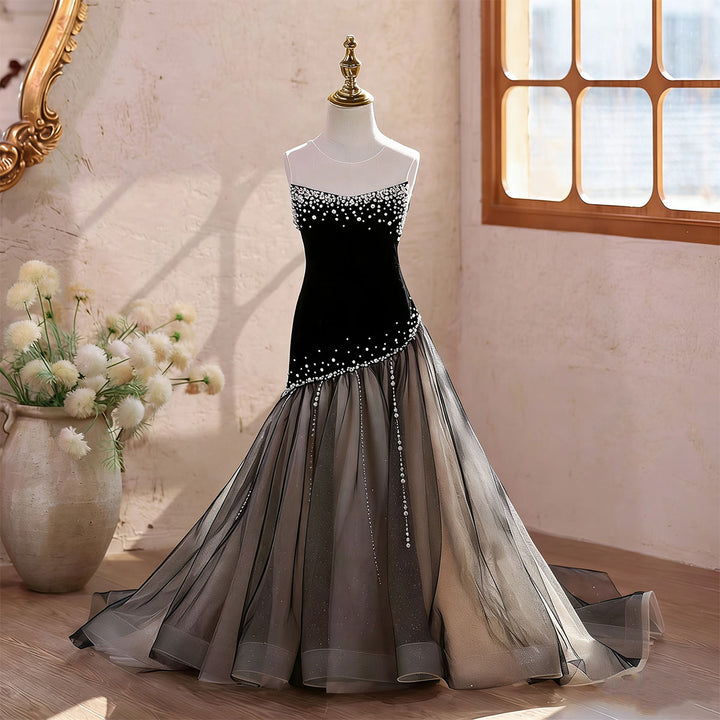 Girls' Black Evening Gown Strapless Velvet Bodice with Crystal Tulle Skirt J618