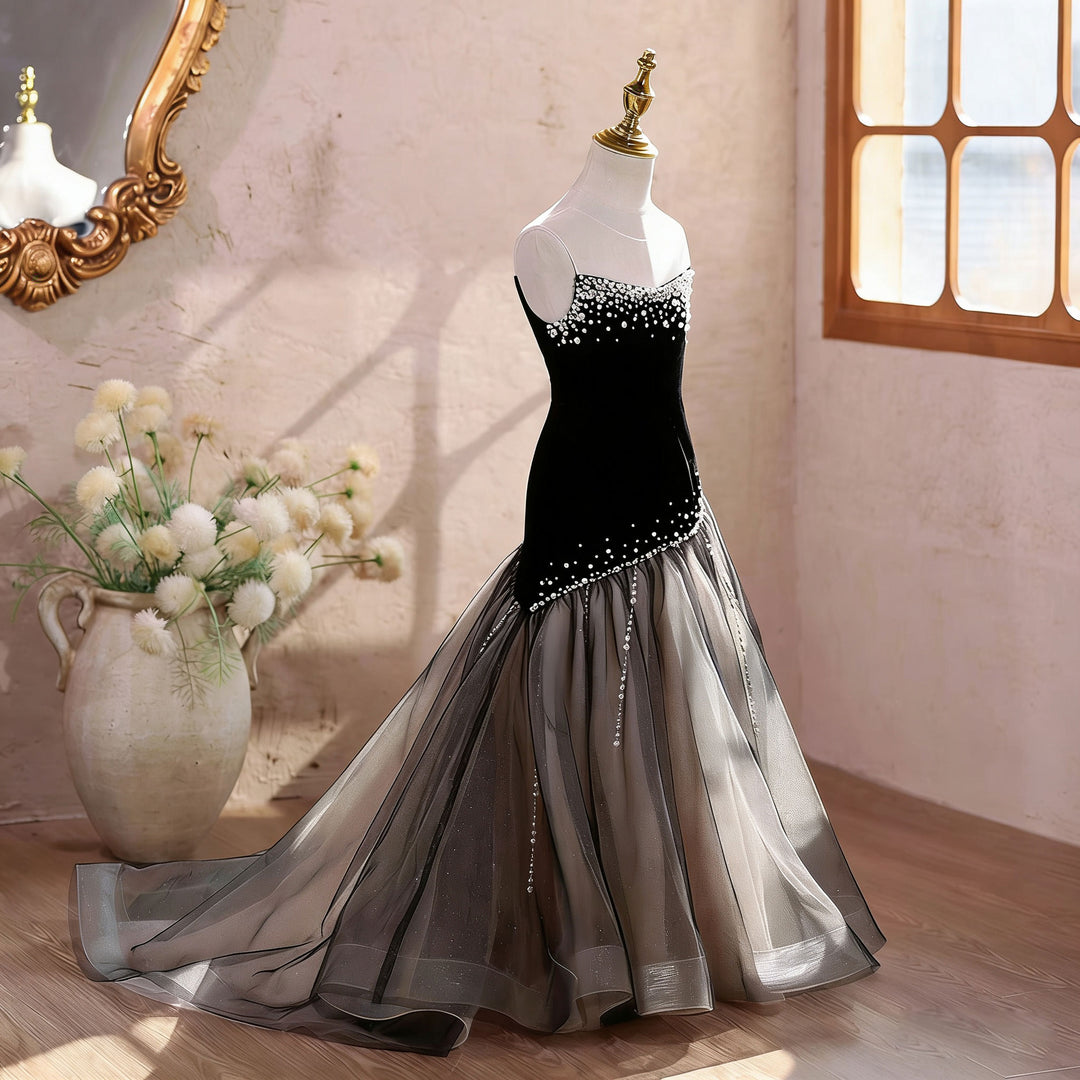 Girls' Black Evening Gown Strapless Velvet Bodice with Crystal Tulle Skirt J618