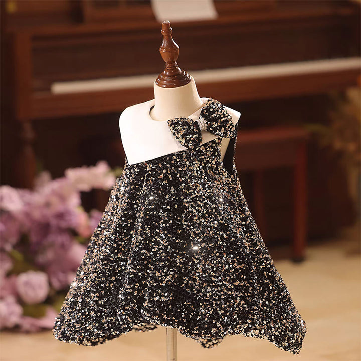 Classic Black Party Dress with Shoulder Bow Flower Girl Dress D141