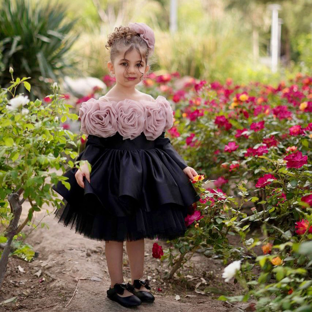 Pink Rose Flower Girl Dress with Black Tulle Toddler Birthday D134