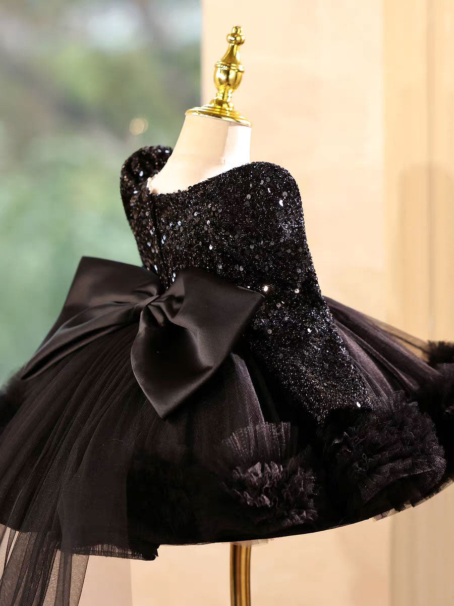 Luxury Black Princess Girl Dress with Train for Birthday Wedding Party J733