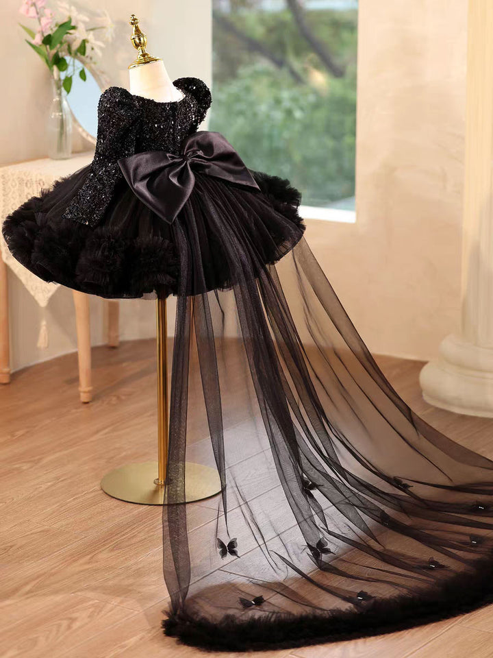 Luxury Black Princess Girl Dress with Train for Birthday Wedding Party J733