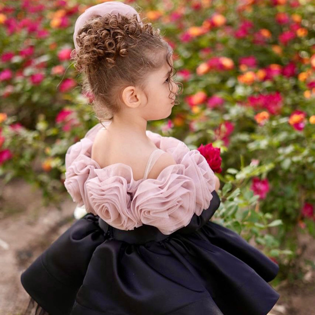 Pink Rose Flower Girl Dress with Black Tulle Toddler Birthday D134