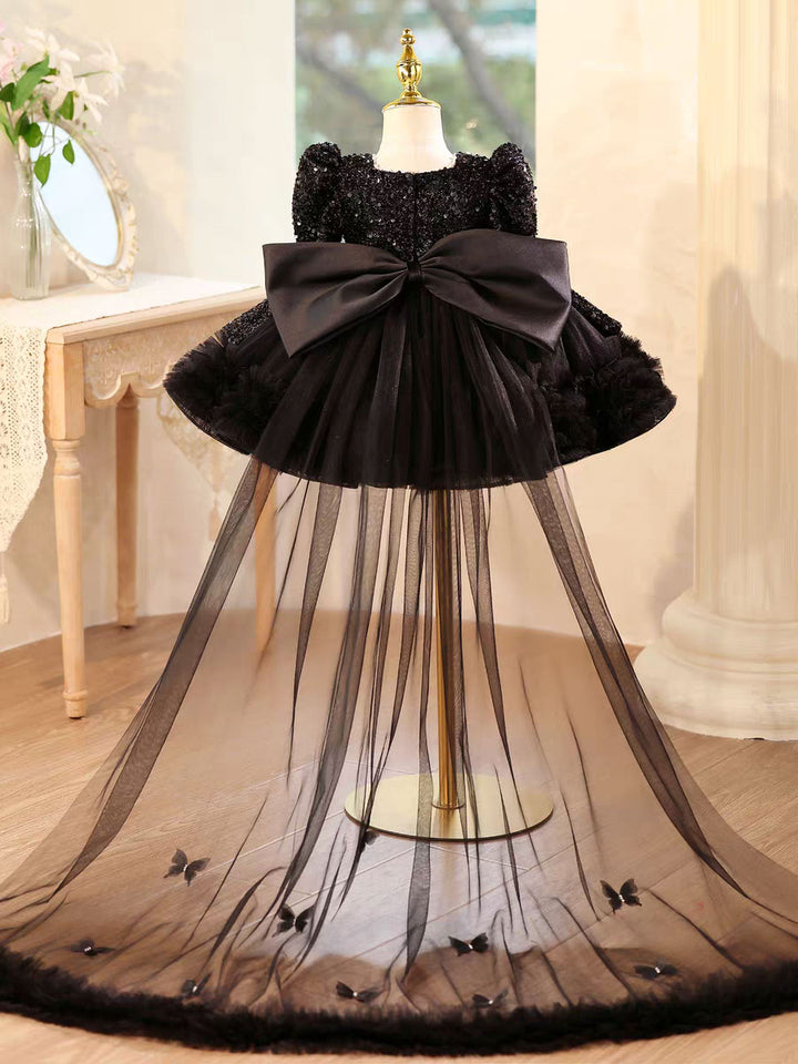 Luxury Black Princess Girl Dress with Train for Birthday Wedding Party J733
