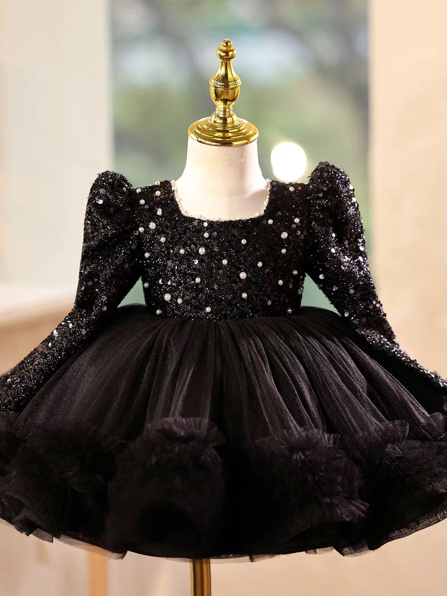 Luxury Black Princess Girl Dress with Train for Birthday Wedding Party J733