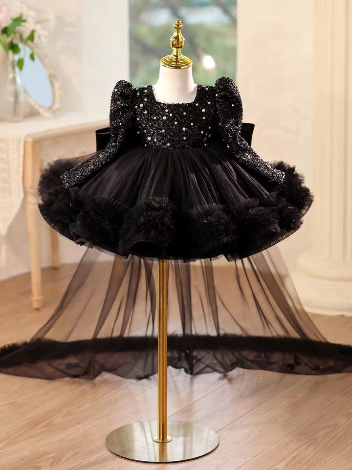 Luxury Black Princess Girl Dress with Train for Birthday Wedding Party J733
