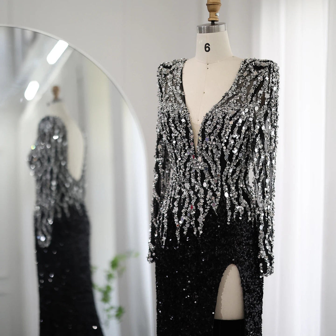 Black Mermaid Dubai Evening Dresses Elegant V-Neck Long Sleeves SS250