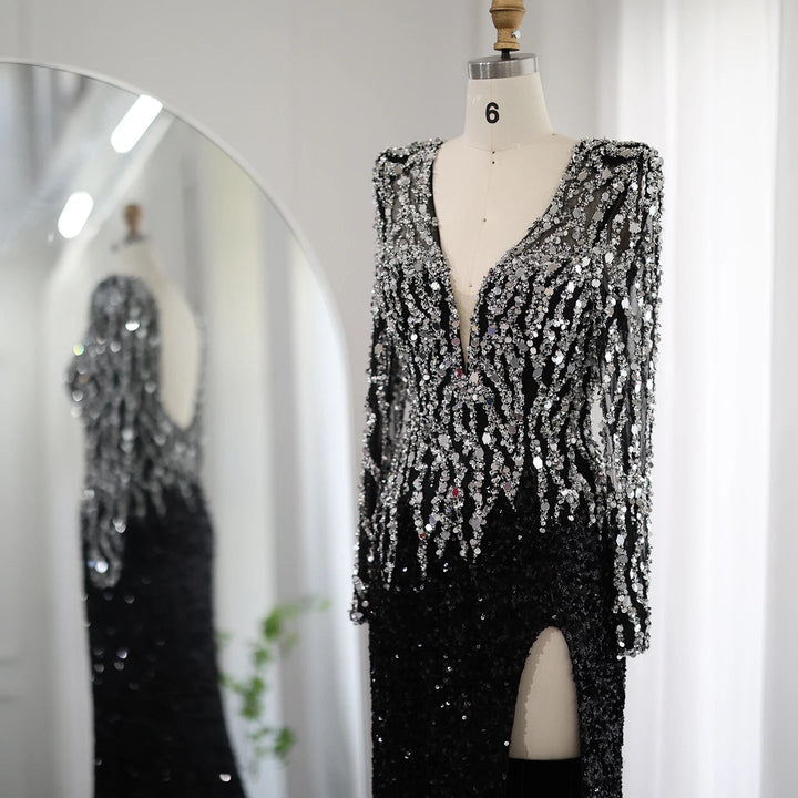 Black Mermaid Dubai Evening Dresses Elegant V-Neck Long Sleeves SS250