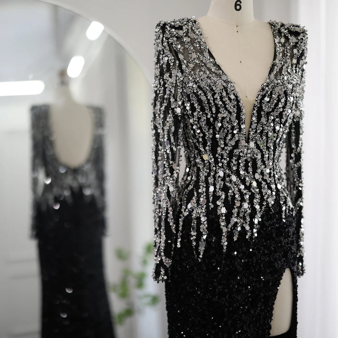 Black Mermaid Dubai Evening Dresses Elegant V-Neck Long Sleeves SS250
