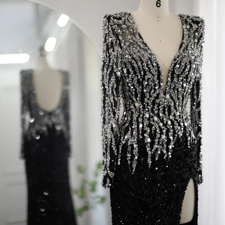 Black Mermaid Dubai Evening Dresses Elegant V-Neck Long Sleeves SS250