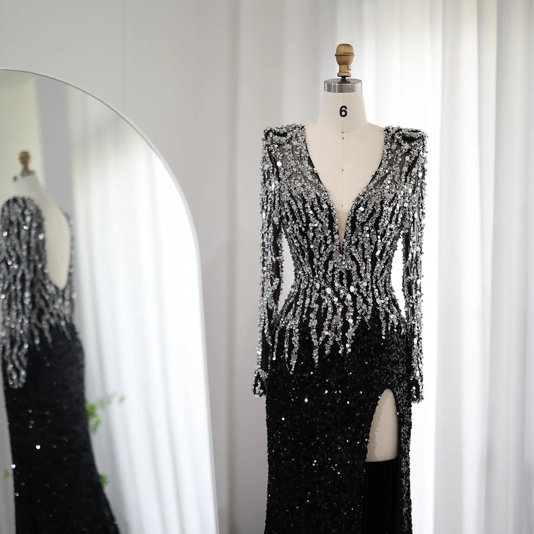 Black Mermaid Dubai Evening Dresses Elegant V-Neck Long Sleeves SS250