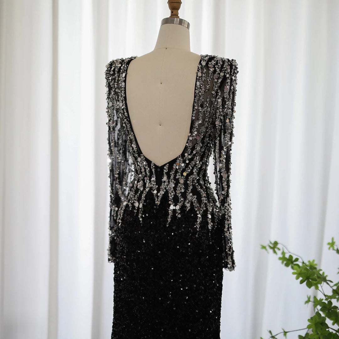 Black Mermaid Dubai Evening Dresses Elegant V-Neck Long Sleeves SS250