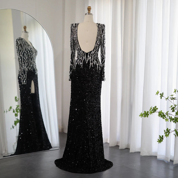 Black Mermaid Dubai Evening Dresses Elegant V-Neck Long Sleeves SS250