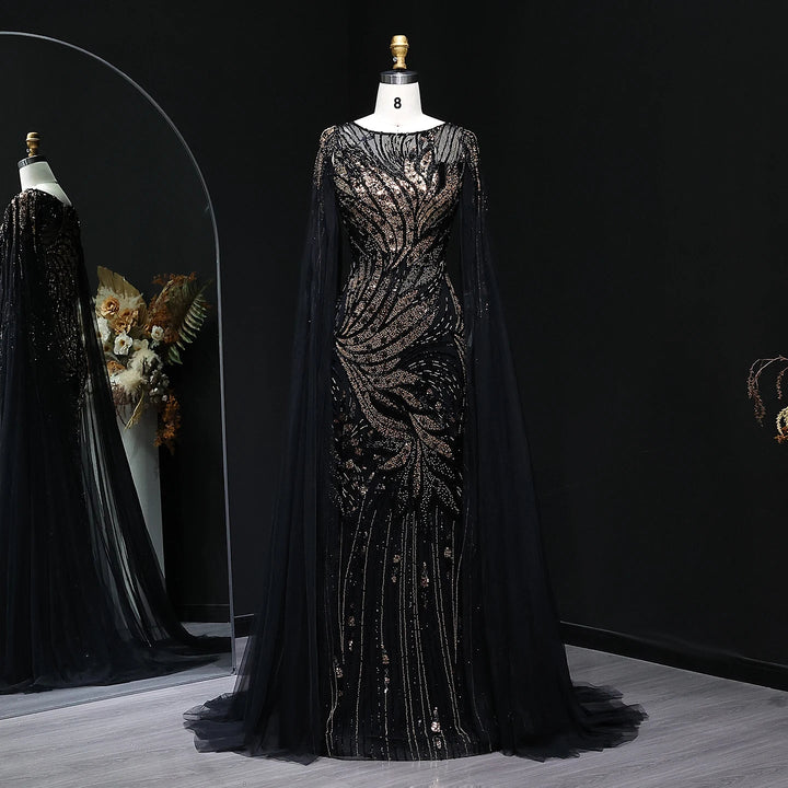 Luxury Black Gold Beaded Arabic Evening Dress with Cape Sleeve SS057