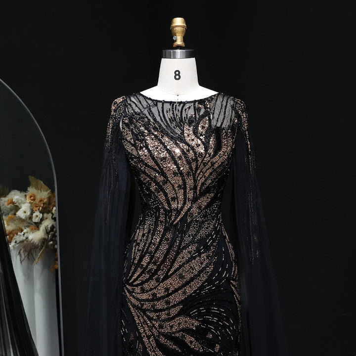 Luxury Black Gold Beaded Arabic Evening Dress with Cape Sleeve SS057