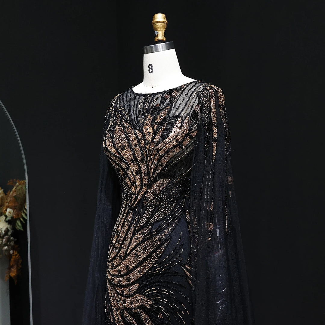 Luxury Black Gold Beaded Arabic Evening Dress with Cape Sleeve SS057