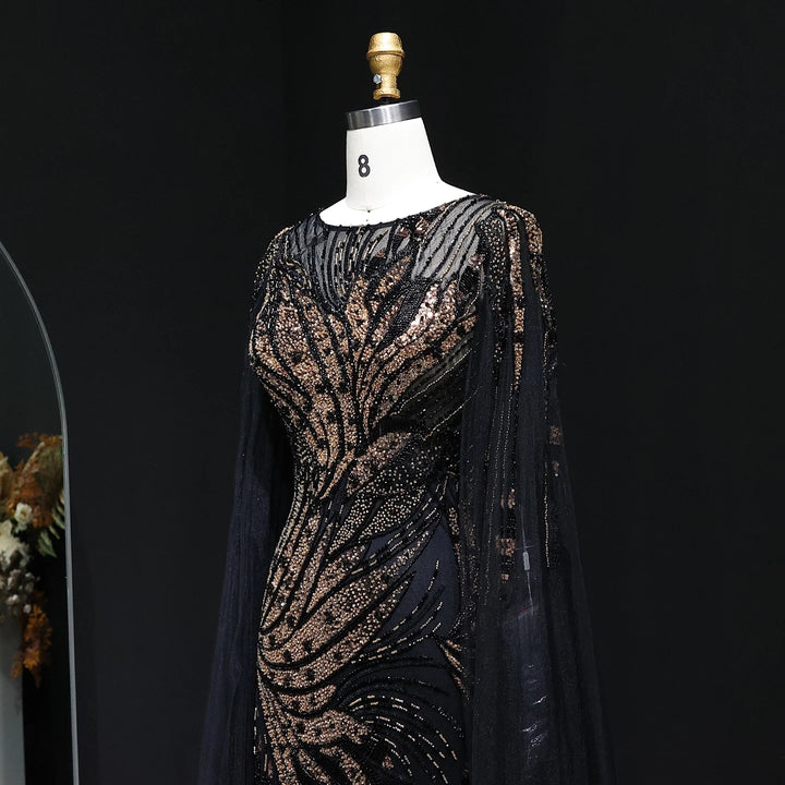 Luxury Black Gold Beaded Arabic Evening Dress with Cape Sleeve SS057