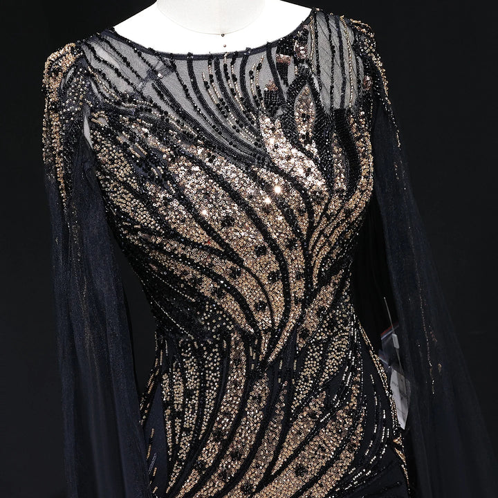 Luxury Black Gold Beaded Arabic Evening Dress with Cape Sleeve SS057
