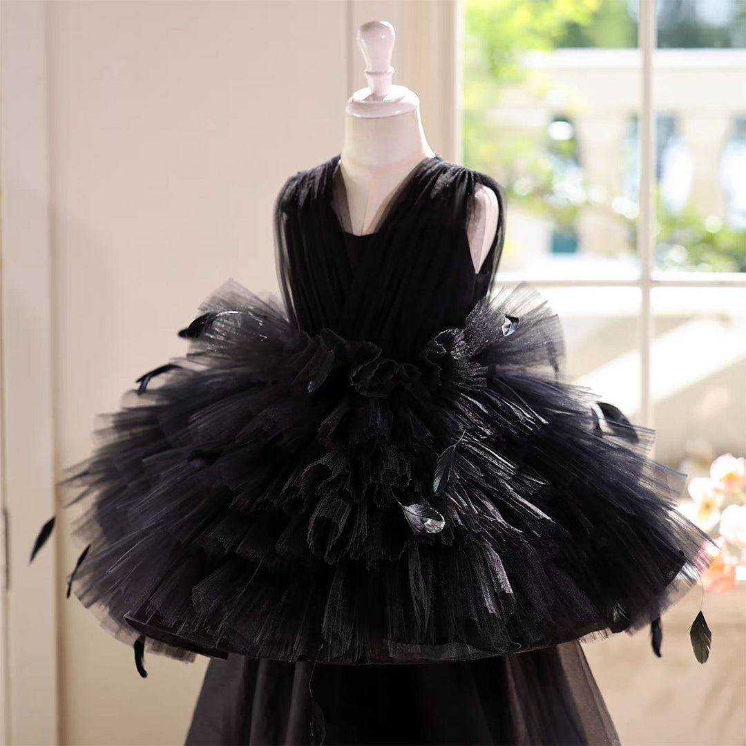 Elegant Black Flower Girl Dress with Feather Details Fluffy Long Skirt D139
