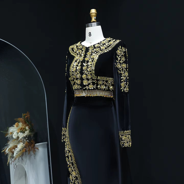 Chic Black Beaded Two Piece Evening Dress with Side Slit SS458