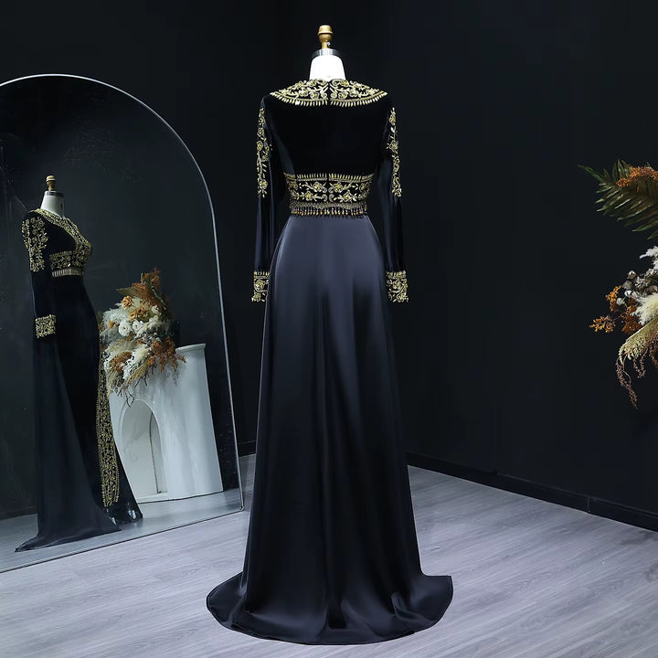 Chic Black Beaded Two Piece Evening Dress with Side Slit SS458