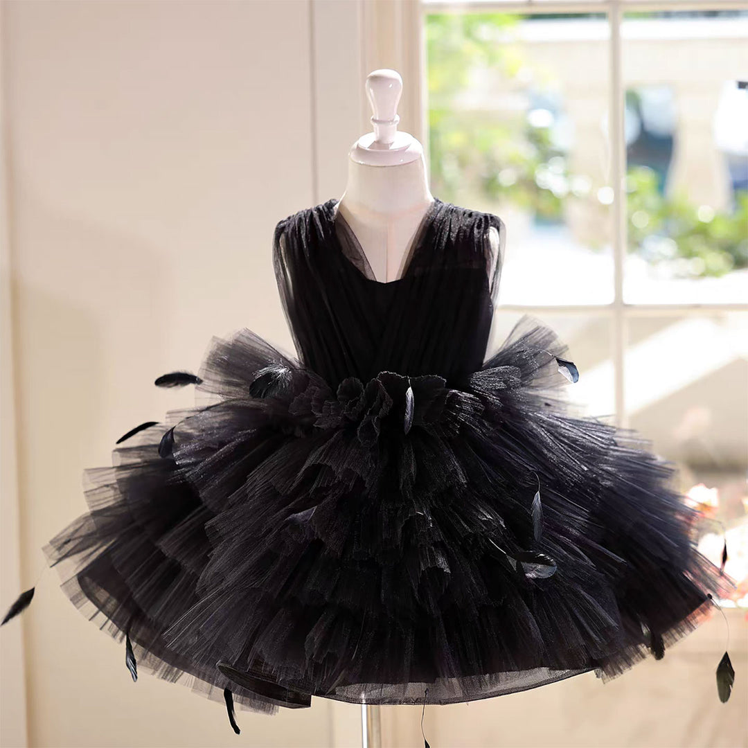 Elegant Black Flower Girl Dress with Feather Details Fluffy Long Skirt D139