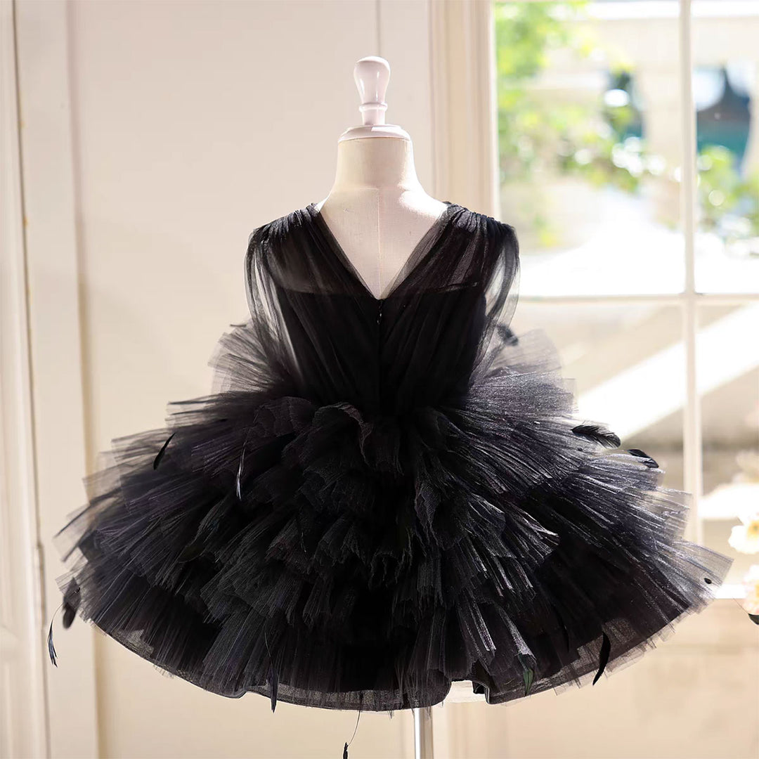 Elegant Black Flower Girl Dress with Feather Details Fluffy Long Skirt D139