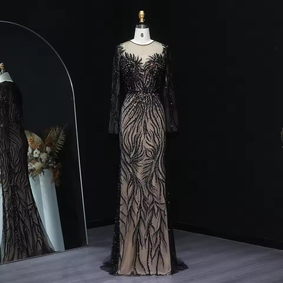 Luxury Dubai White Nude Mermaid Evening Dresses Long Sleeve SS684